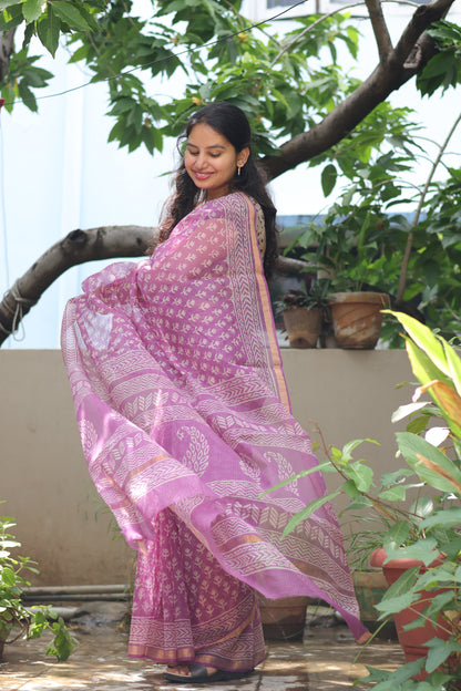 Lavender Bagru Hand block printed Kota Doriya Saree