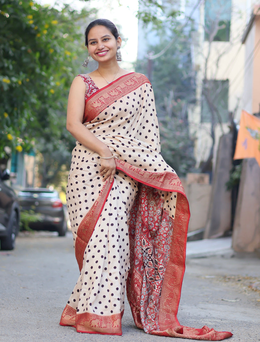 Cream Polka Dot Ajrakh Handblock Printed Dola Silk Saree
