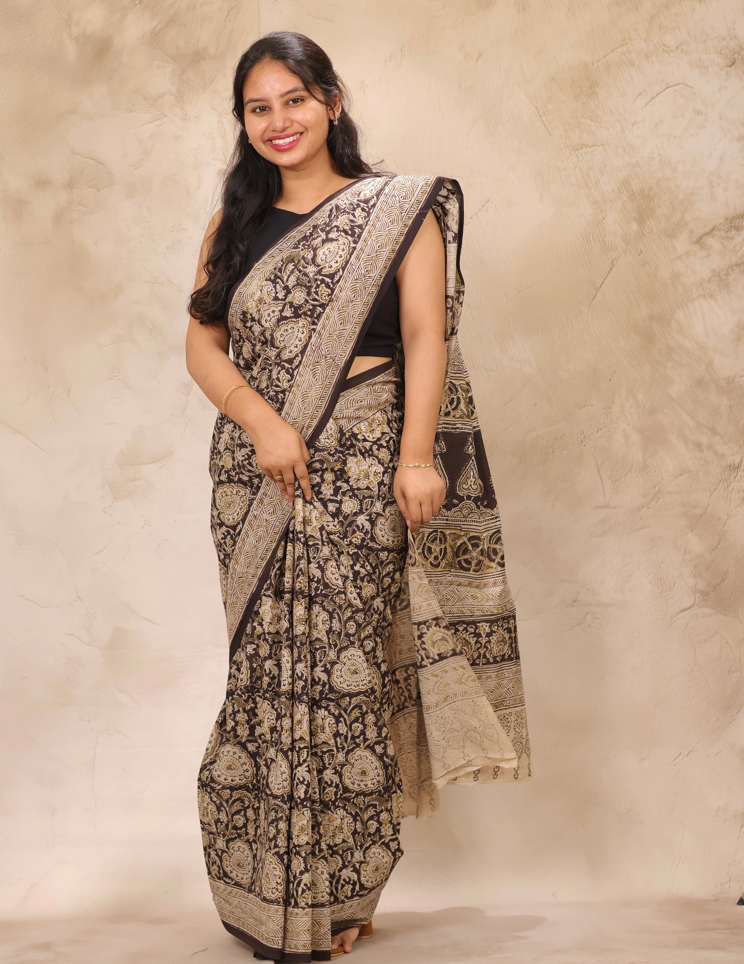 Black Hand Block Printed Kalamkari Cotton Saree | Looms & Tassels