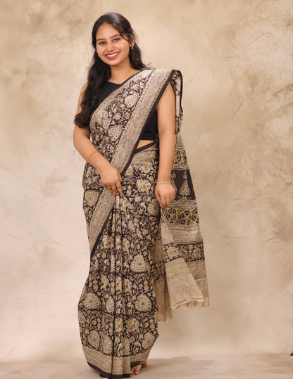Black Hand Block Printed Kalamkari Cotton Saree | Looms & Tassels