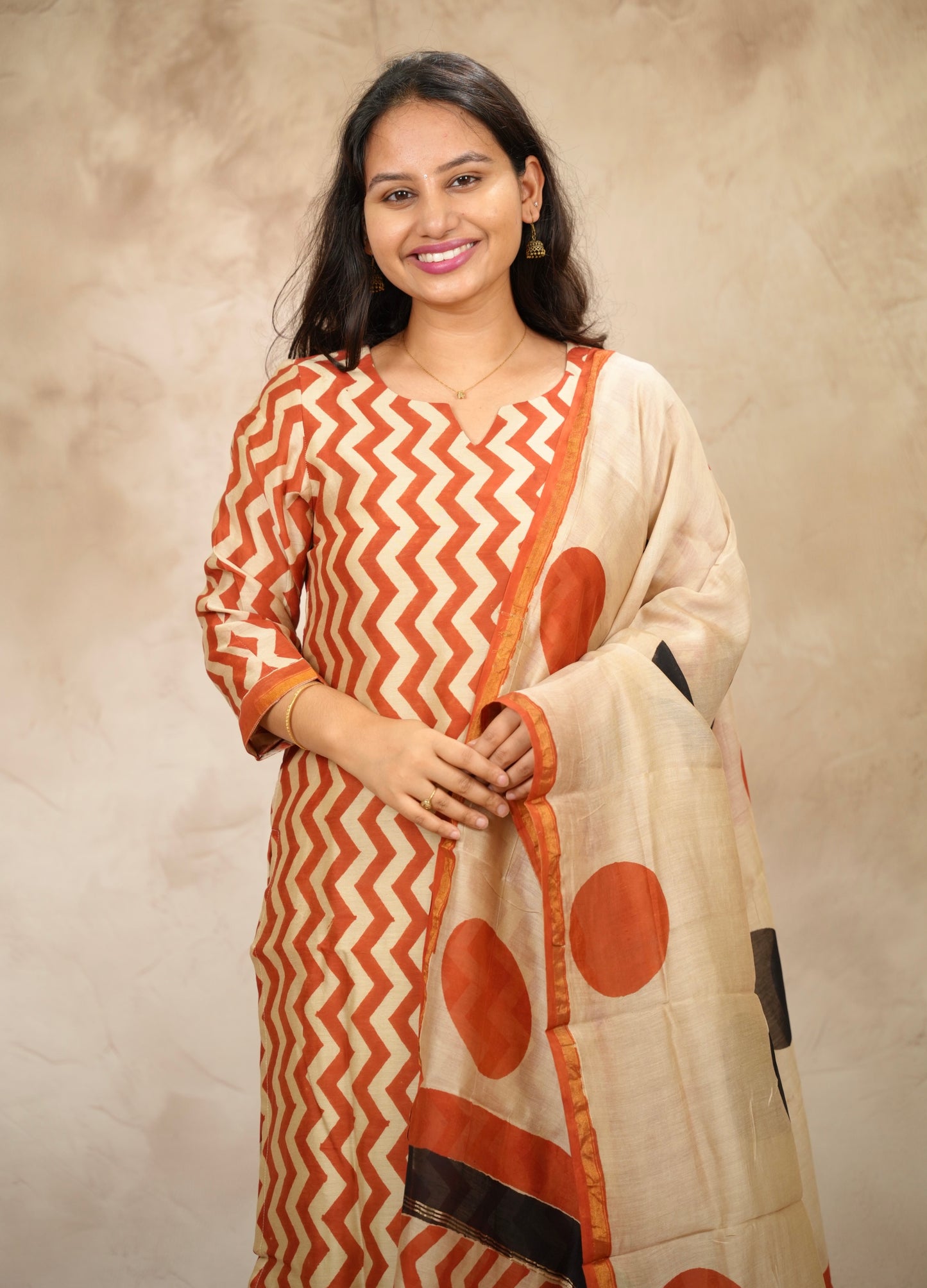 Handblock printed Pure Chenderi Silk 3 piece suit (stitched) |  Looms & Tassels