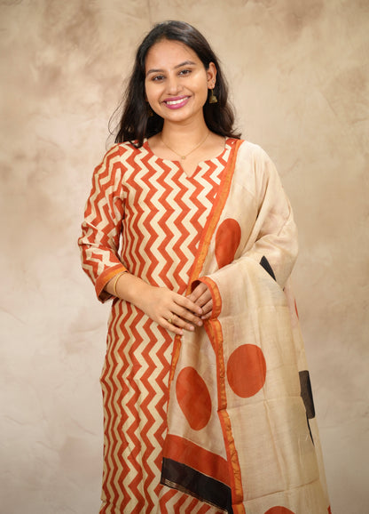 Handblock printed Pure Chenderi Silk 3 piece suit (stitched) |  Looms & Tassels