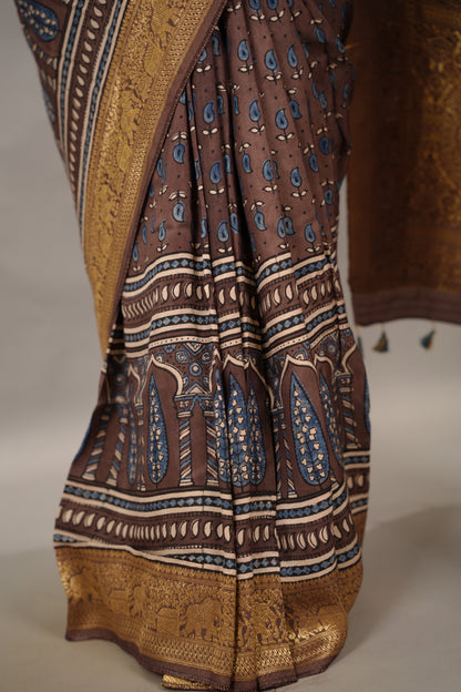 Ajrakh Handblock printed Dola Silk Saree | Looms & Tassels