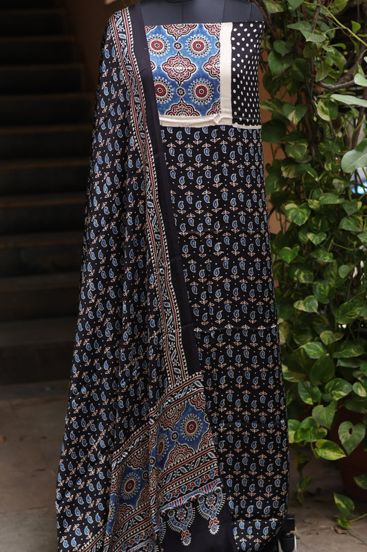 Handblock printed Ajrakh modal silk 2 piece suit set