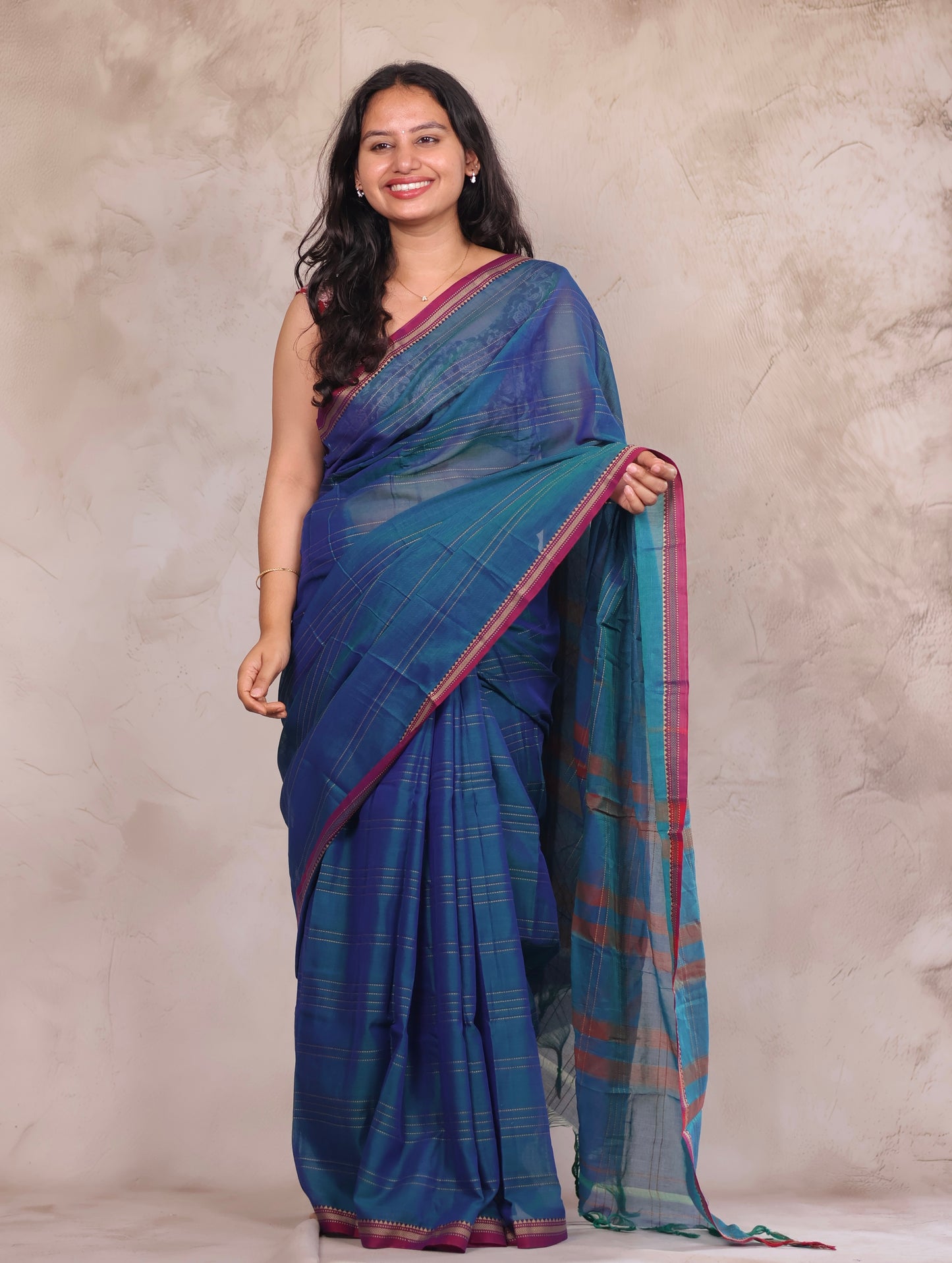Peacock Blue Narayanpet Cotton Saree lines weaving  | Looms & Tassels
