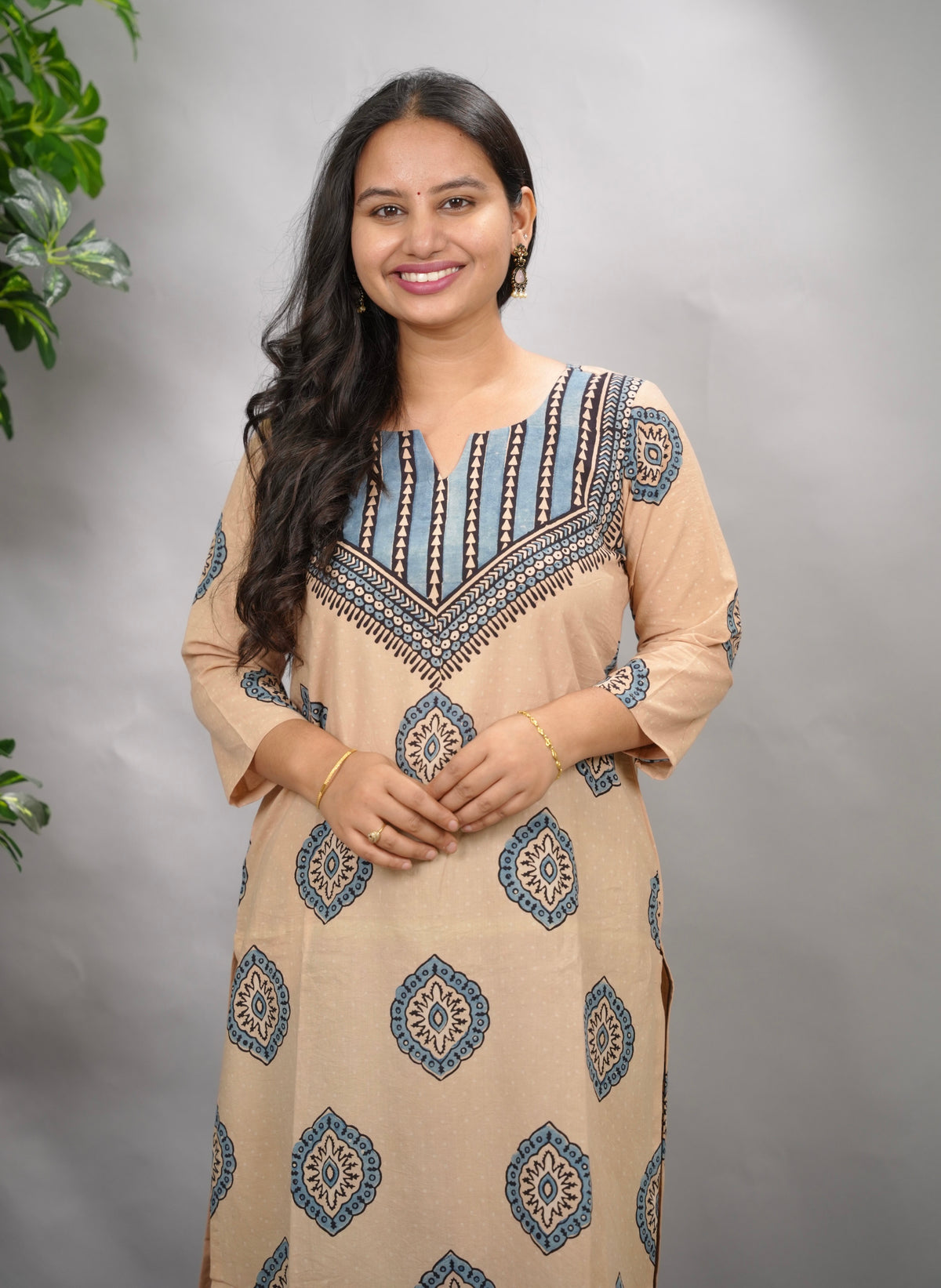Cream Ajrakh Pattern Hand Block printed Kurti | Looms & Tassels