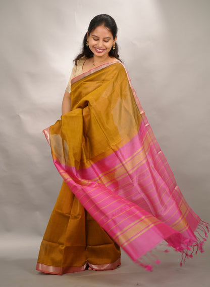 Gold Handloom Mangalagiri Silk Saree| Looms & Tassels