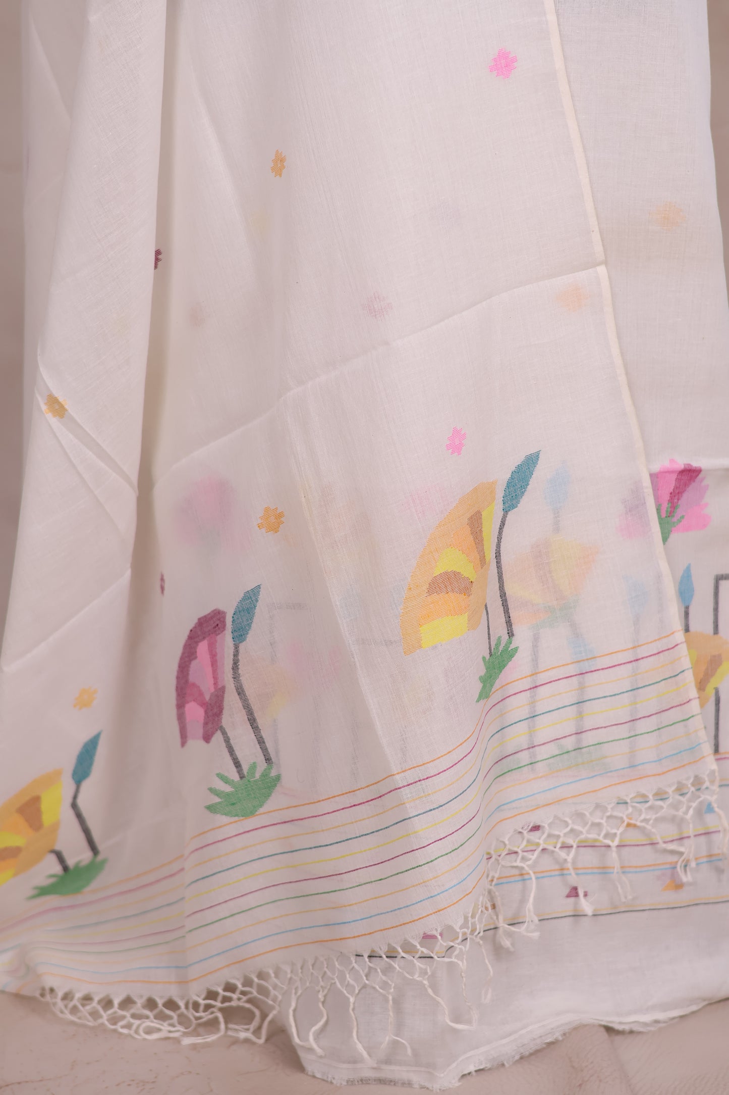 White Handwoven Jamdhani weaving pure Malai cotton 2 piece suit sets | Looms & Tassels