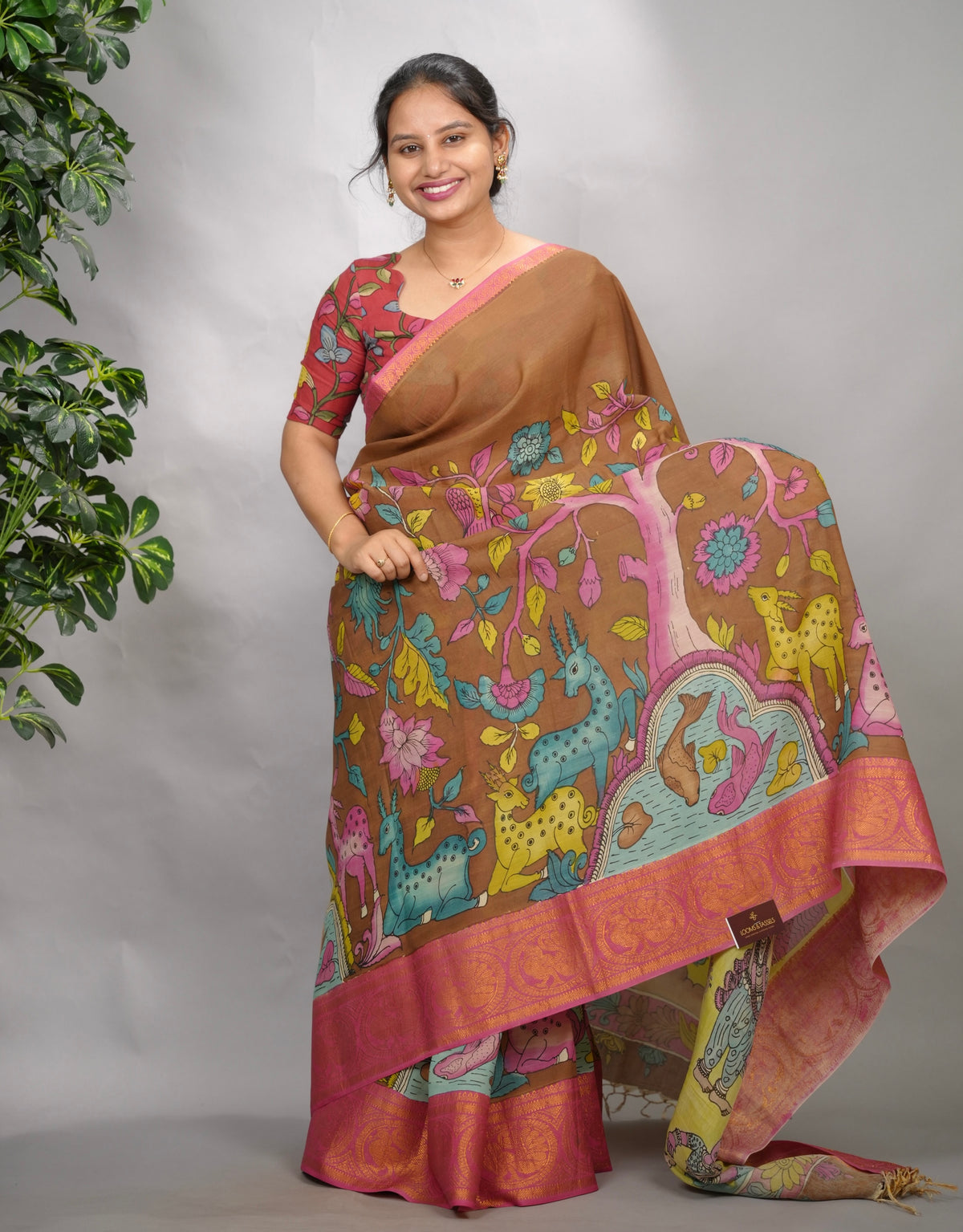 Brown Hand Drawn Pen Kalamkari Bangalore Silk Kanchi Border Saree | Looms & Tassels