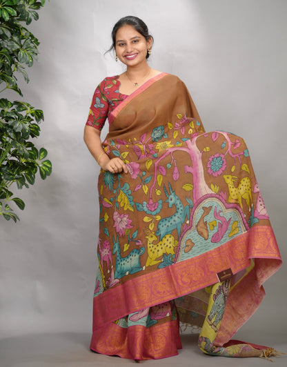 Brown Hand Drawn Pen Kalamkari Bangalore Silk Kanchi Border Saree | Looms & Tassels
