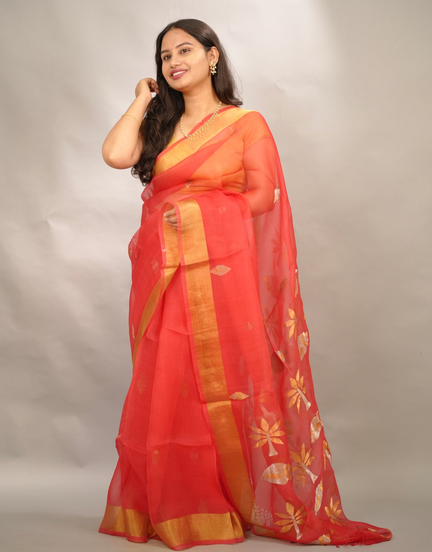 Orange Handloom Muslin Silk Saree With jamdhani weaving | Looms & Tassels
