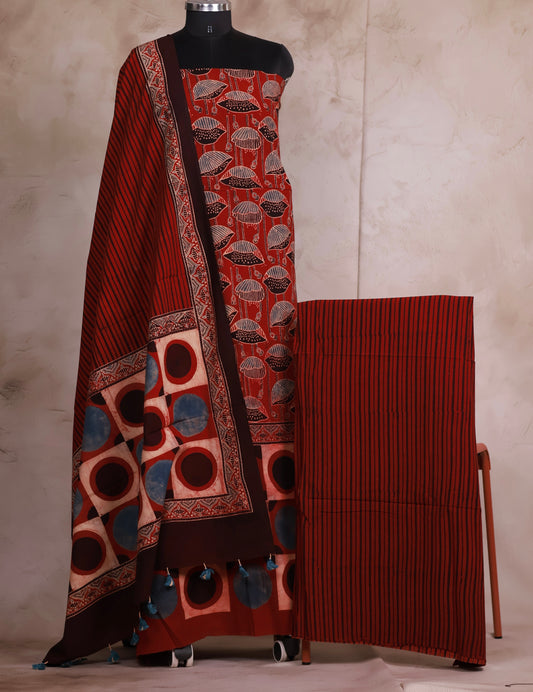 Contemporary Ajrakh Handblock Printed Pure Cotton 3 piece suit set | Looms & Tassels