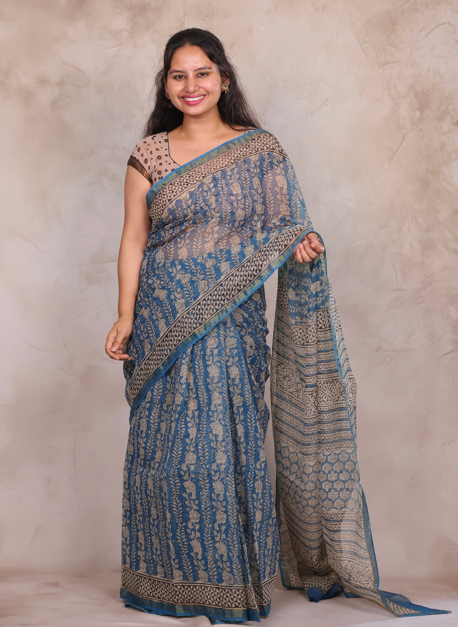 Teal Blue Pure Kota Doria Saree with Bagru Handblock Prints | Looms & Tassels