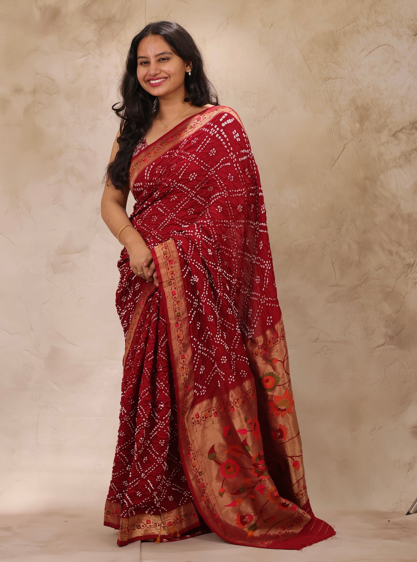 Deep Maroon Handcrafted Bandhani Paithani Dola Silk Saree | Looms & Tassels