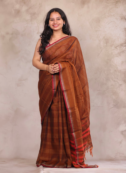 Mustard Narayanpet Cotton Saree lines weaving Saree | Looms & Tassels