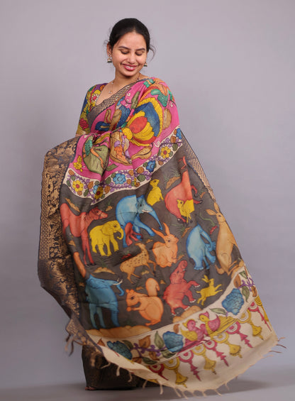 Pink Hand Drawn Pen Kalamkari Uppada Silk Kuppadam Border Saree | Looms & Tassels
