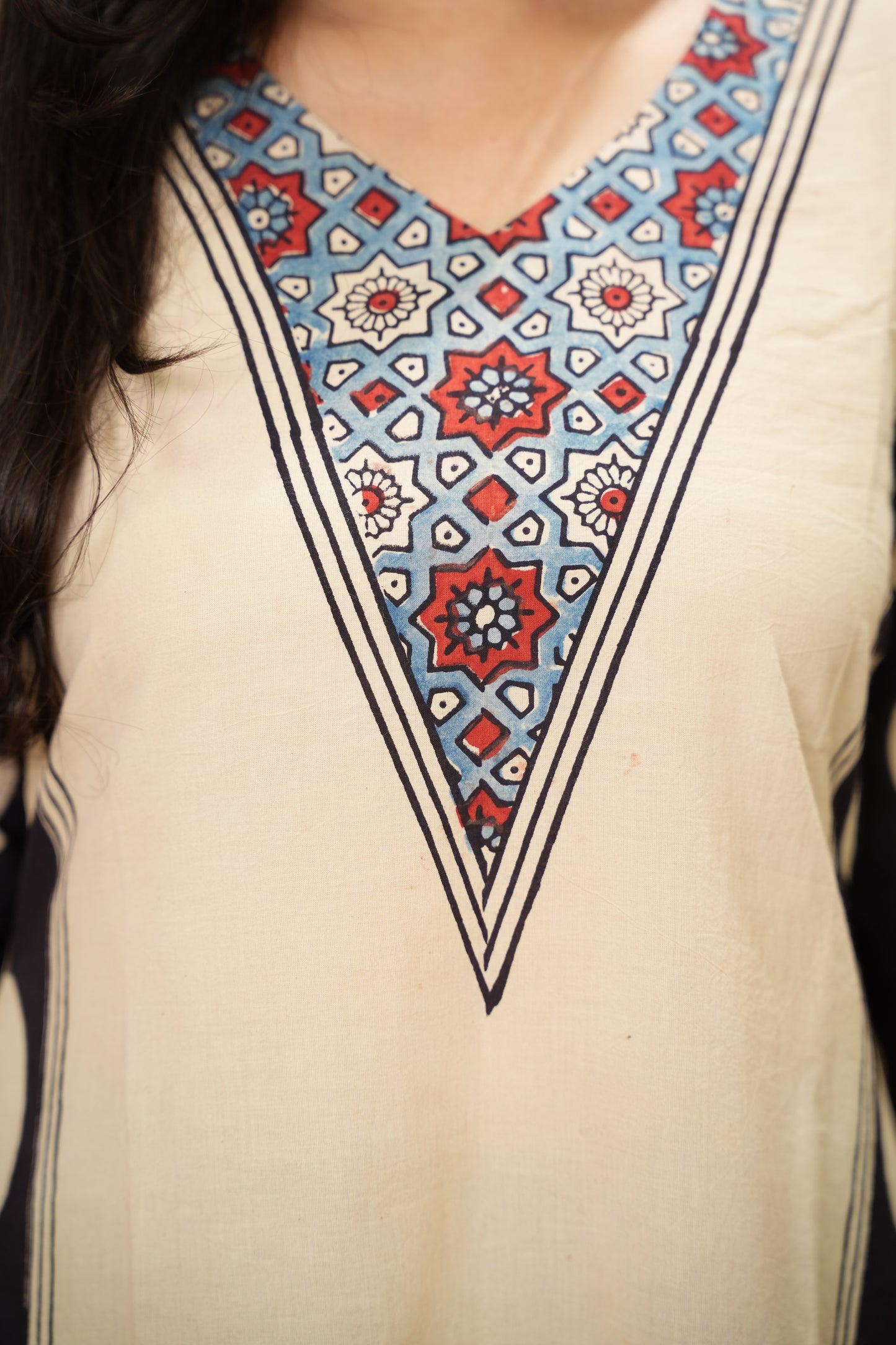 Cream Ajrakh Pattern Hand Block printed Aline Kurti | Looms & Tassels