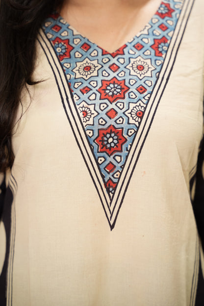 Cream Ajrakh Pattern Hand Block printed Aline Kurti | Looms & Tassels