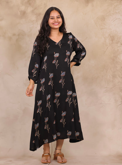 Black Ajrakh Modal Silk Aline Dress | Looms & Tassels