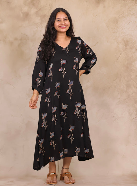 Black Ajrakh Modal Silk Aline Dress | Looms & Tassels