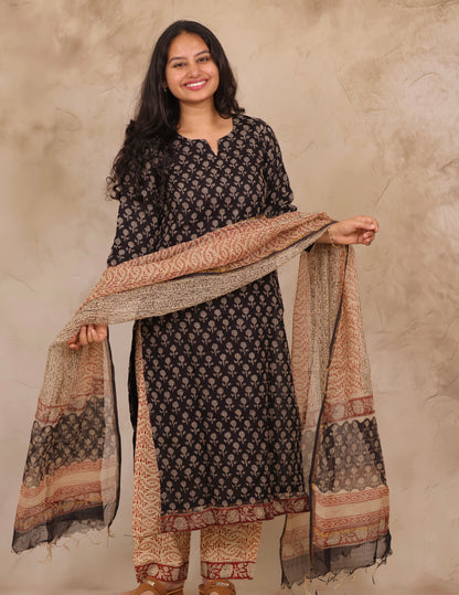 Black Handblock printed kota 3 piece suit (stitched)