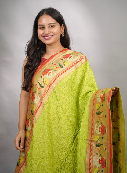 Parrot Green Handcrafted Bandhani Paithani Dola Silk Saree | Looms & Tassels
