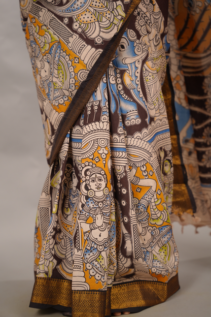 Brown Story Telling Kalamkari Nizam Border Chennur Silk Saree | Looms & Tassels