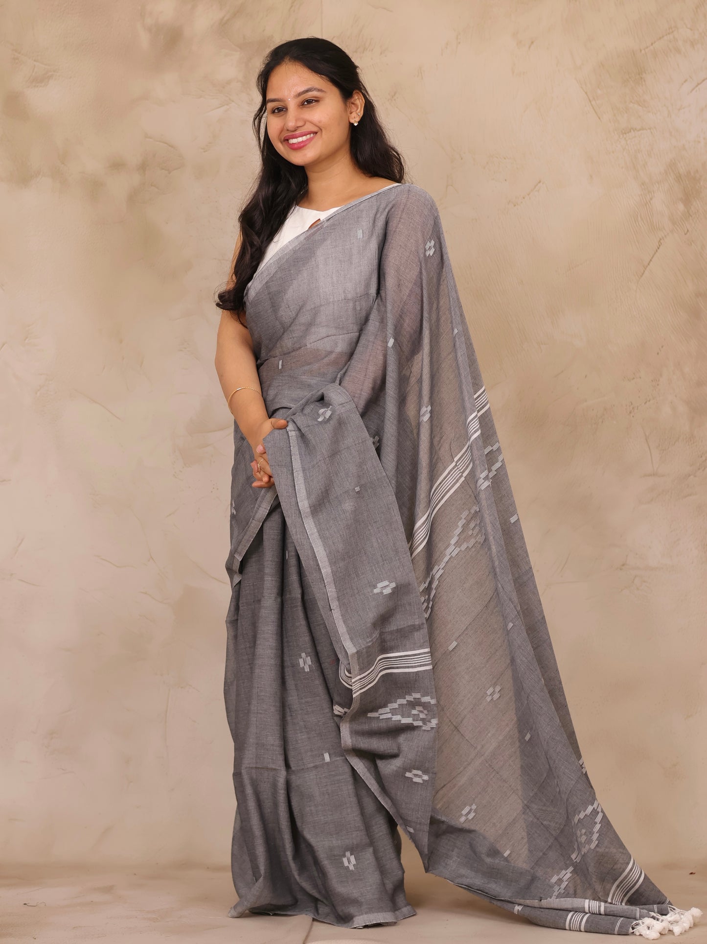 Gray Malai Cotton Saree with Butta Weaving | Looms & Tassels