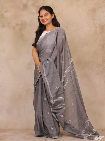 Gray Malai Cotton Saree with Butta Weaving | Looms & Tassels
