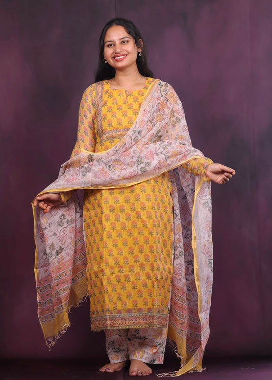 Yellow Handblock printed kota 3 piece suit with chudi sleeves (stitched)