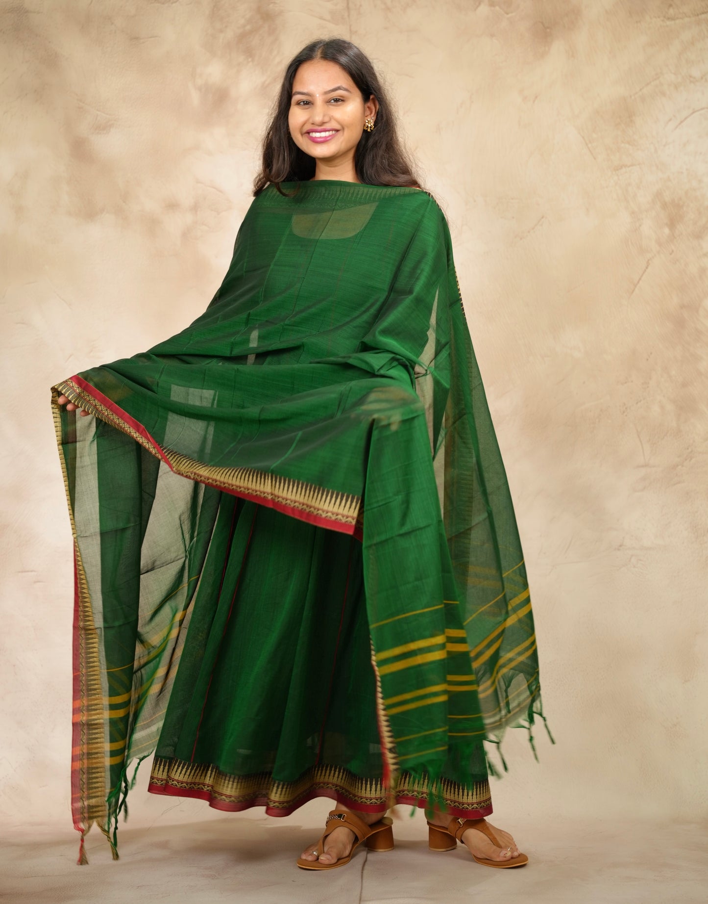Green Narayanpet Cotton Anarkali Dress with Narayanpet Dupatta | Looms & Tassels