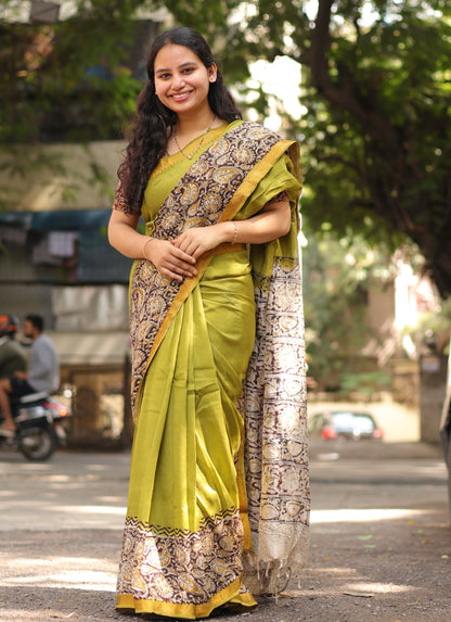 Green Kalamkari dyeing premium chennur silk with hand block print saree