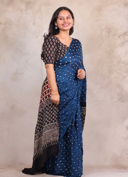 Blue Hand Knotted Bandhej Modal Silk Saree with Ajrakh Pallu | Looms & Tassels
