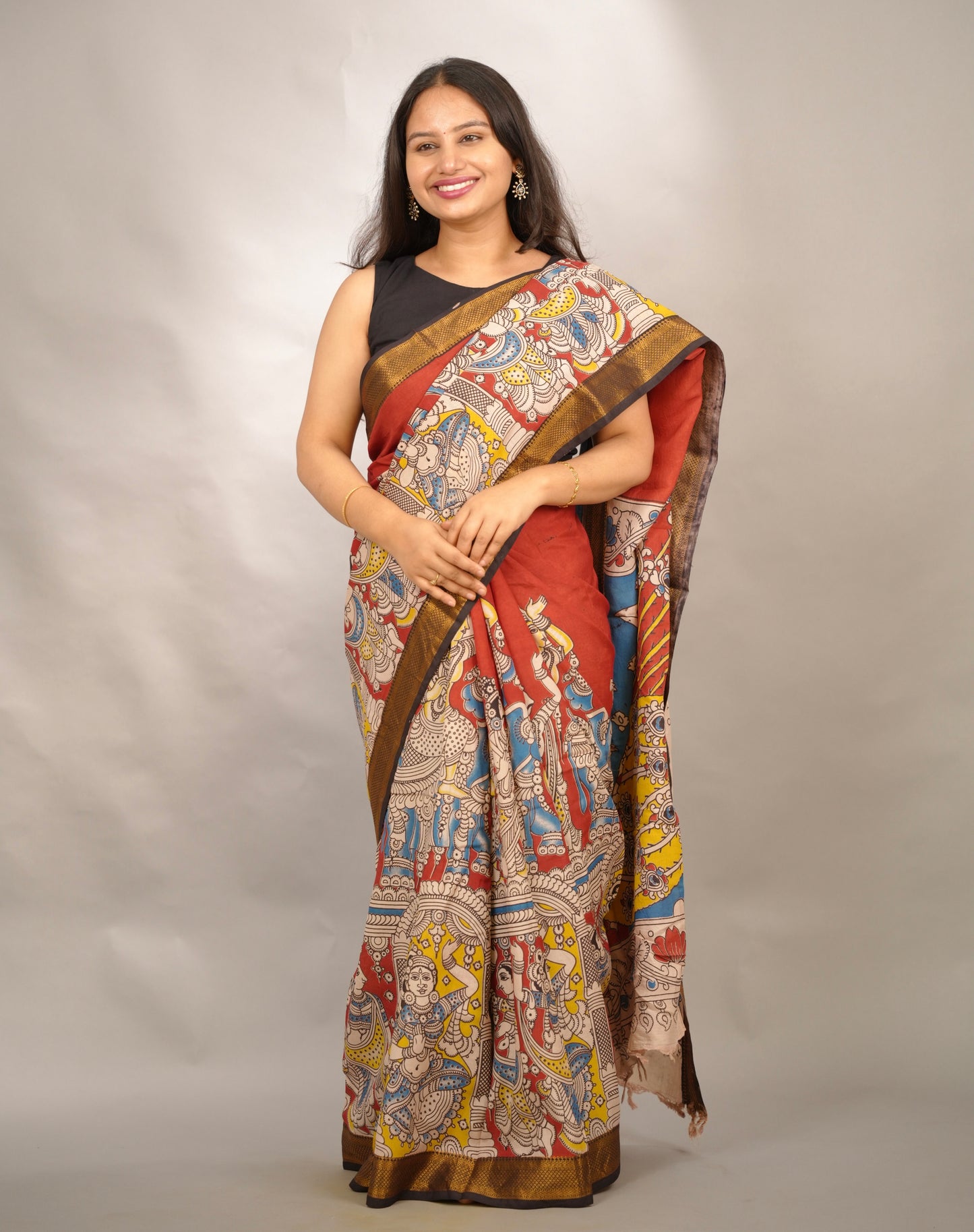Maroon Kalamkari Nizam Border Chennur Silk Saree | Looms & Tassels