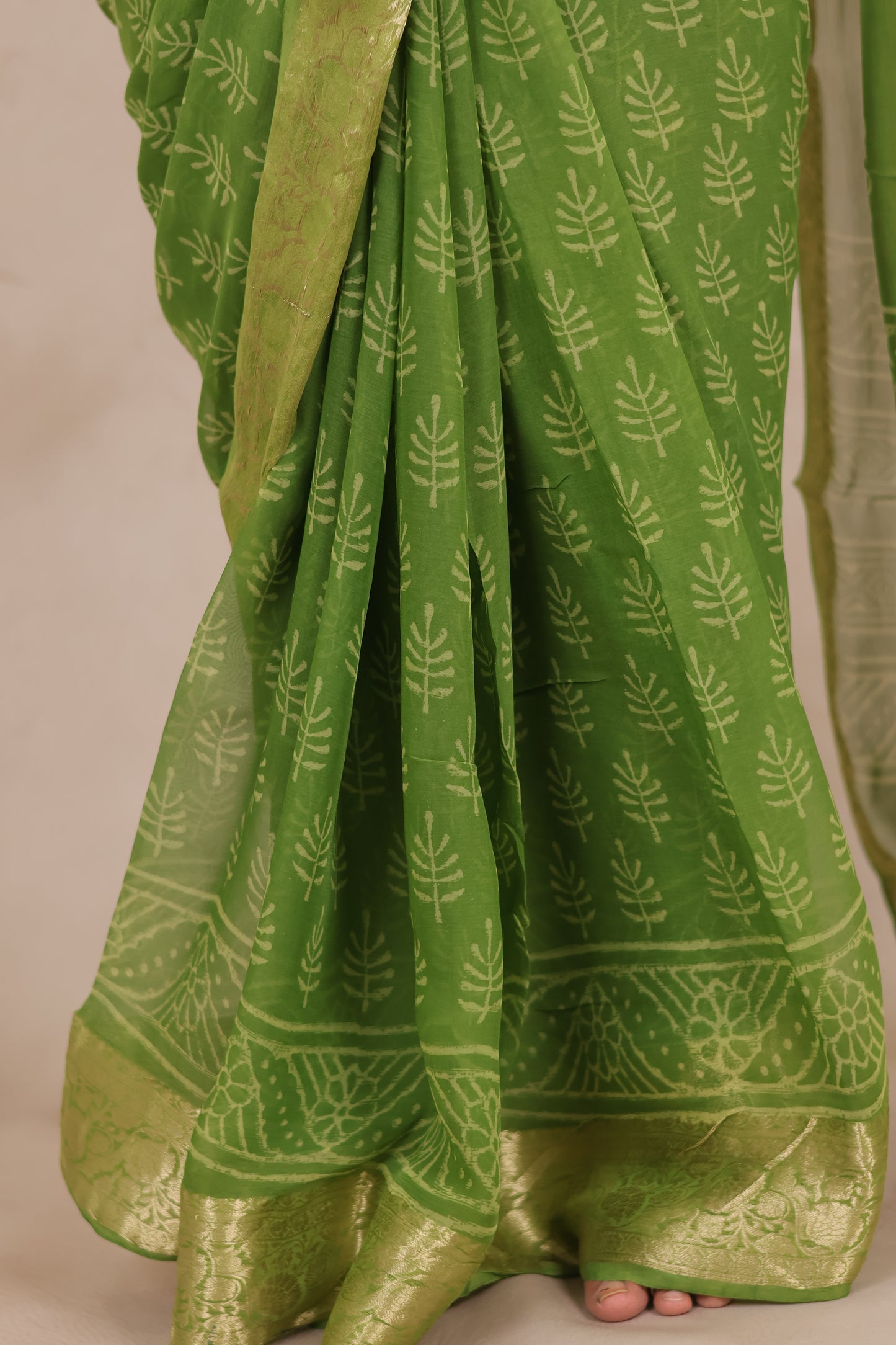 Green Chiffon Hand Block Printed Saree with Jari Border | Looms & Tassels