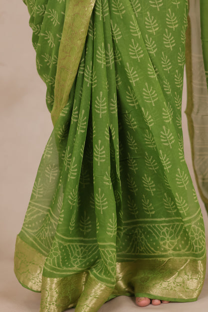 Green Chiffon Hand Block Printed Saree with Jari Border | Looms & Tassels