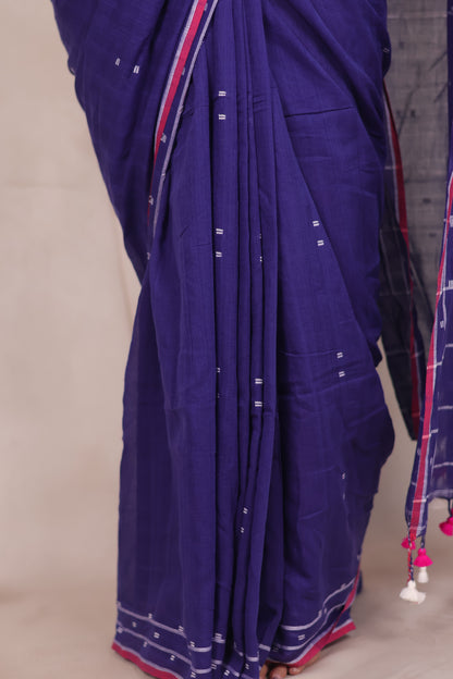 Blue Malai Cotton Saree with Butta Weaving | Looms & Tassels