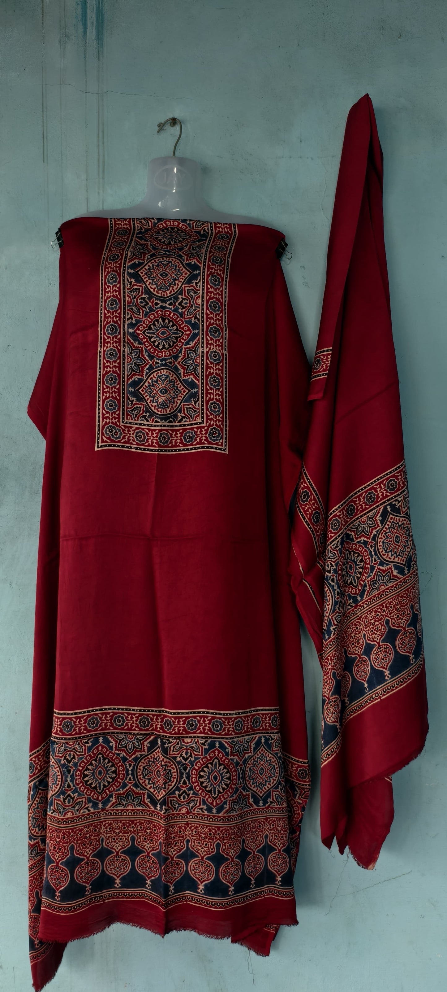 Handblock printed Ajrakh modal silk 2 piece suit set