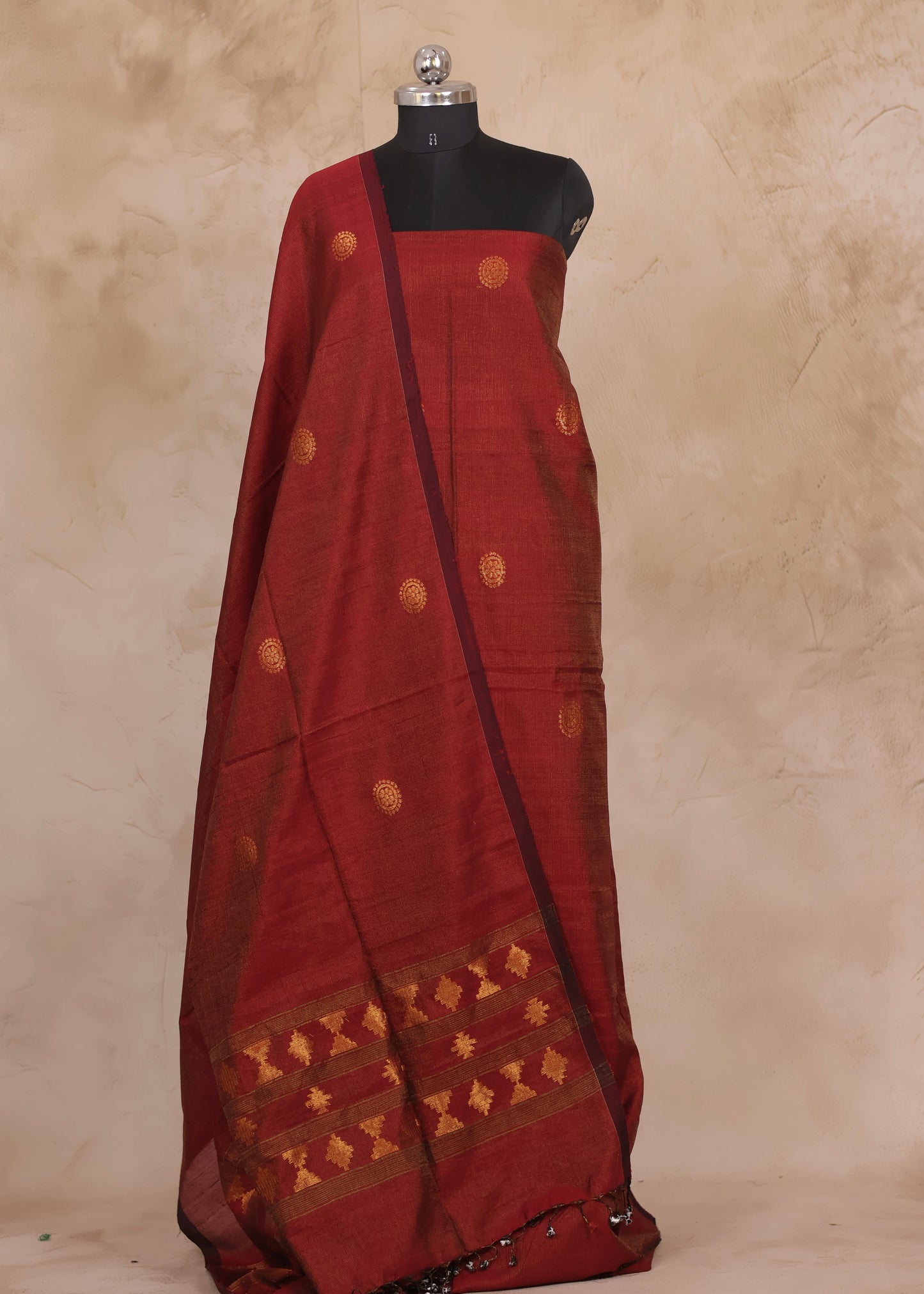 Rust Orange Handwoven Jamdhani weaving Tissue Linen 2 piece suit sets | Looms & Tassels