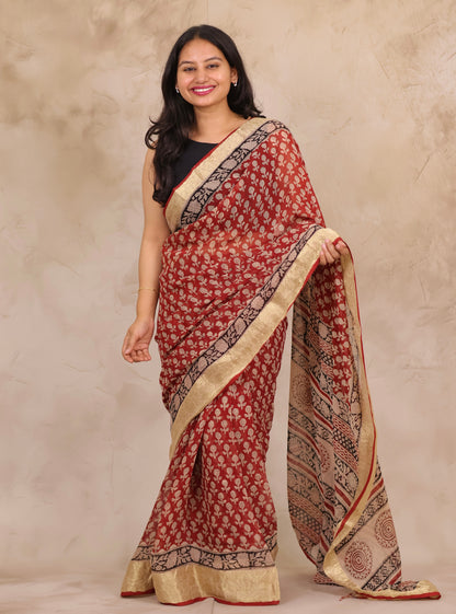 Maroon Chiffon Hand Block Printed Saree with Jari Border | Looms & Tassels