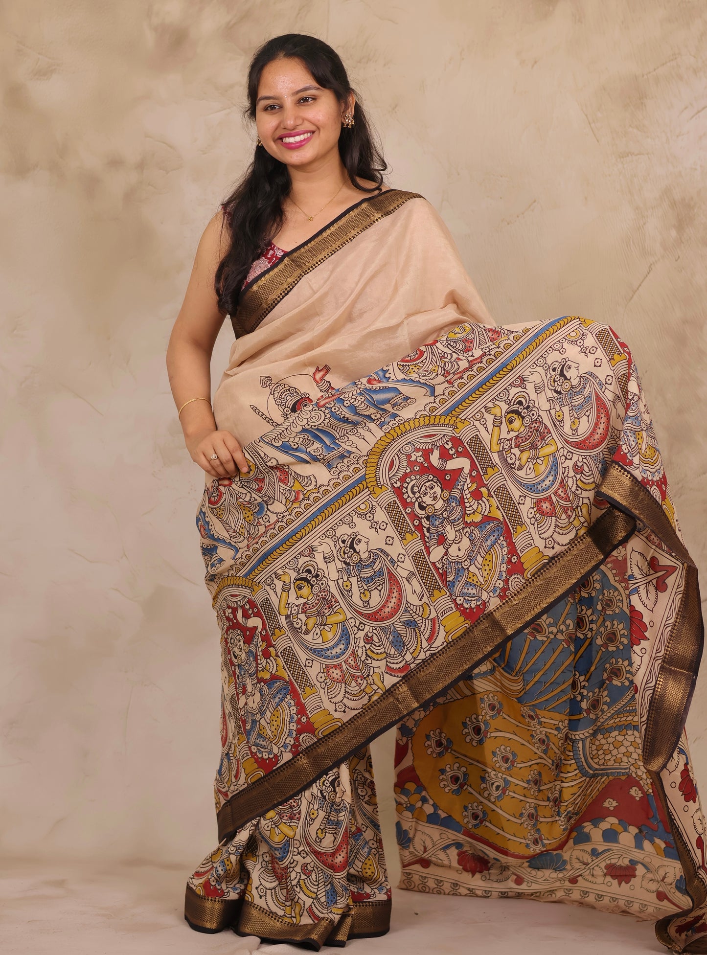 Cream Story Telling Kalamkari Nizam Border Chennur Silk Saree | Looms & Tassels