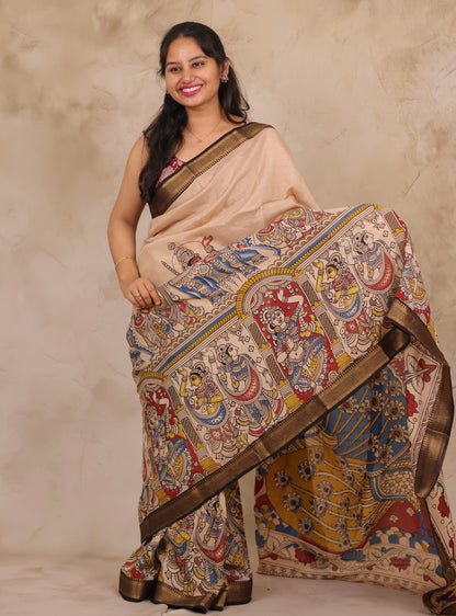 Cream Story Telling Kalamkari Nizam Border Chennur Silk Saree | Looms & Tassels