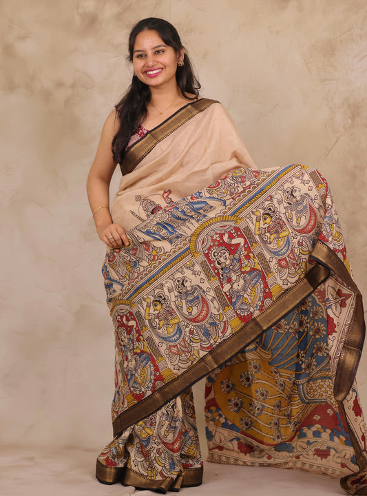 Cream Story Telling Kalamkari Nizam Border Chennur Silk Saree | Looms & Tassels