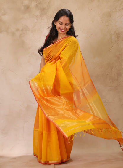 Yellow Dual Tone Handloom Maheswari Silk Cotton Sarees | Looms & Tassels