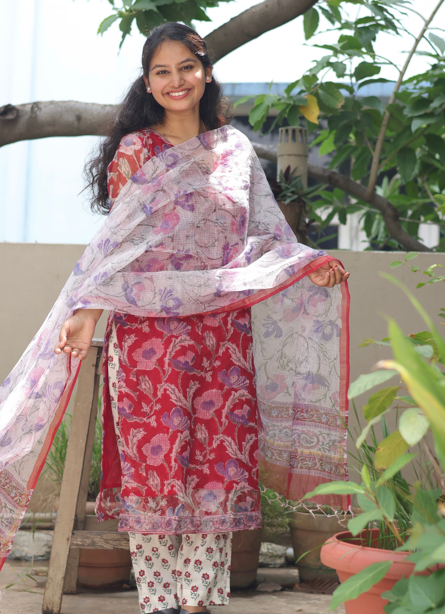 Red Handblock printed kota 3 piece suit (stitched)