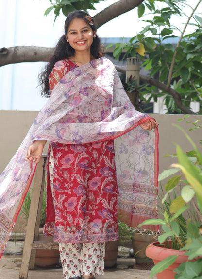 Red Handblock printed kota 3 piece suit (stitched)