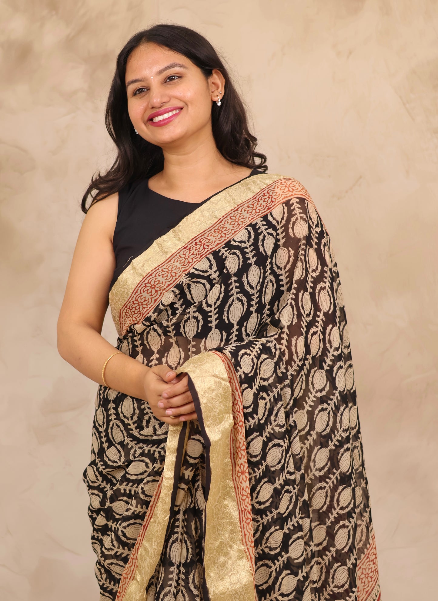 Black Chiffon Hand Block Printed Saree with Jari Border | Looms & Tassels