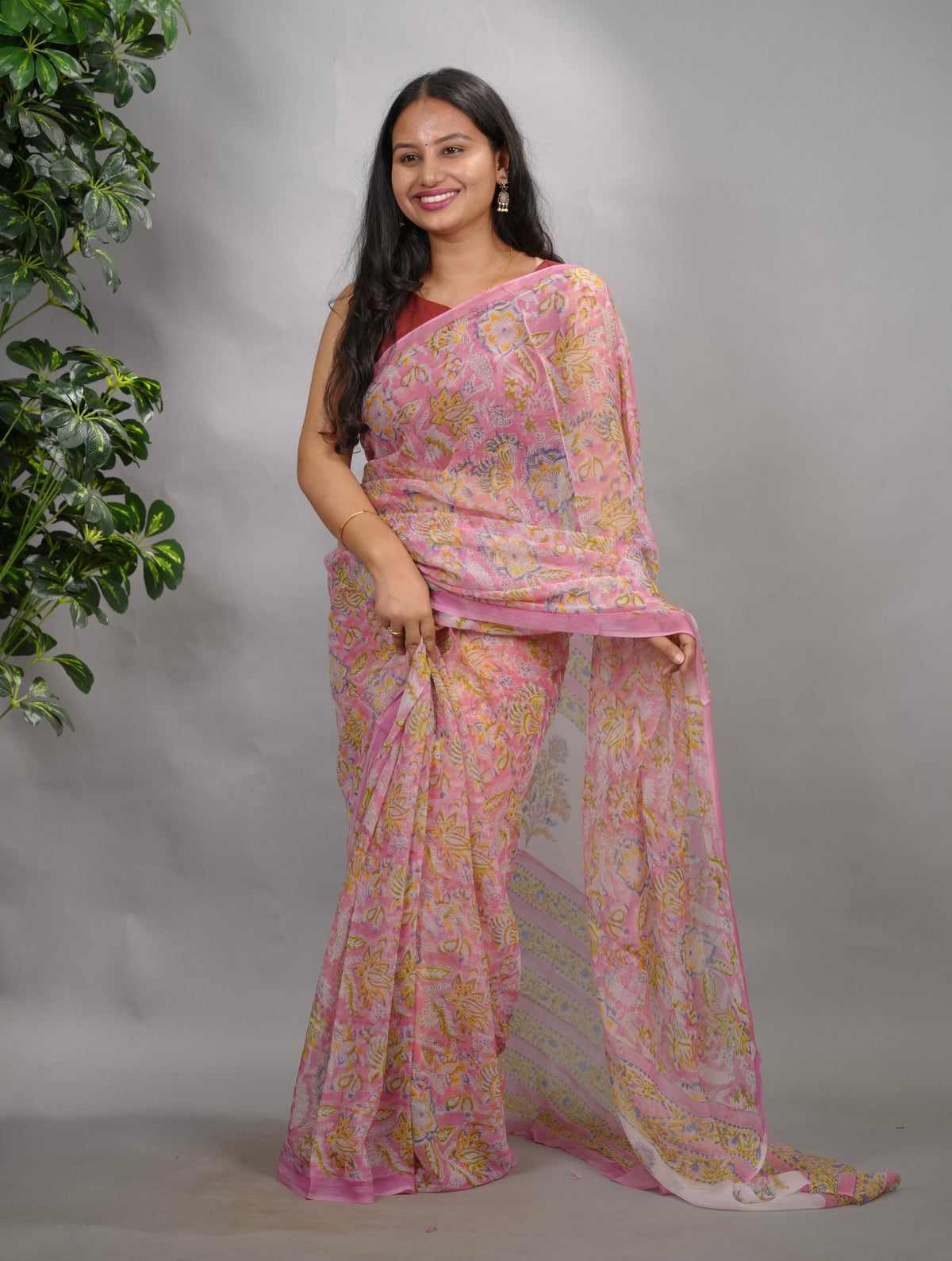 Pastel Pink Chiffon Hand Block Printed Saree | Looms & Tassels