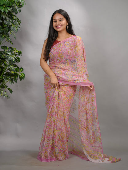 Pastel Pink Chiffon Hand Block Printed Saree | Looms & Tassels