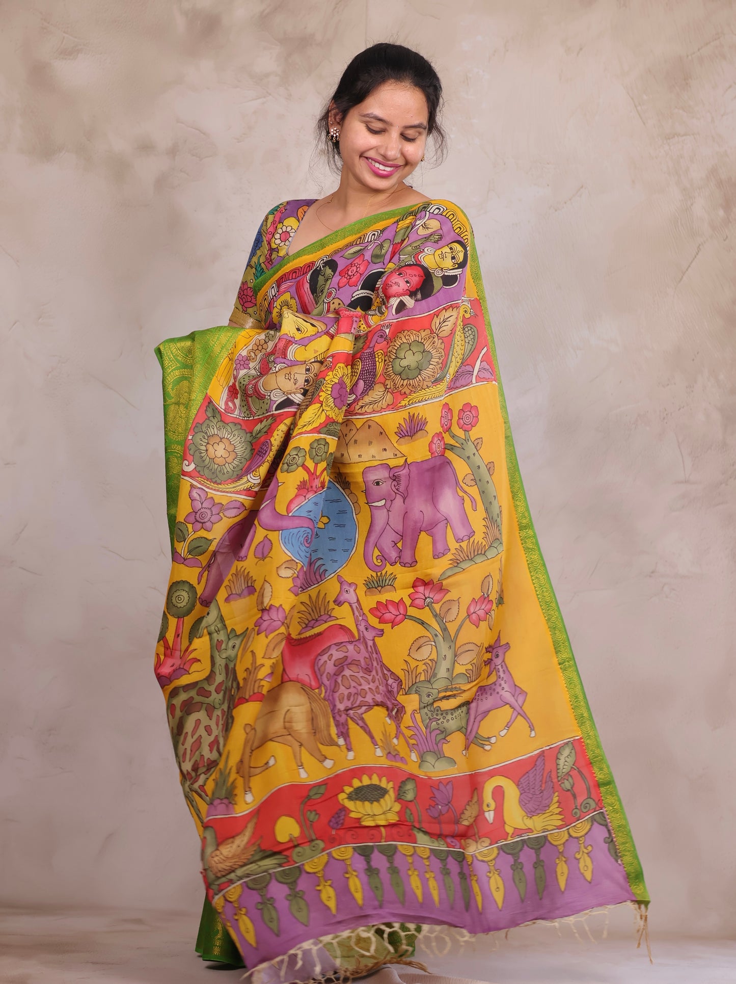 Hand Drawn Pen Kalamkari Lavender And Green Bangalore Silk Kanchi Border Saree | Looms & Tassels